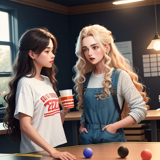 two girls standing next to each other in a room with balls on the table and a coffee cup in front of them