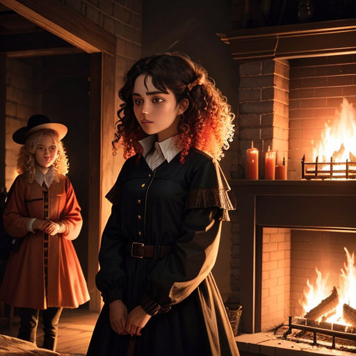 a woman standing next to a fire place in a room with a fireplace and two other women standing around