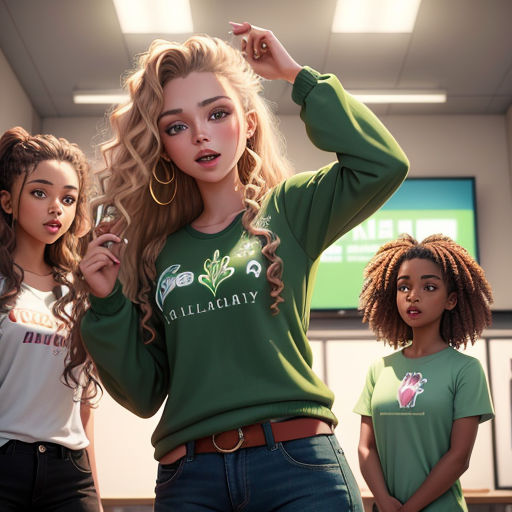 a group of young women standing next to each other in a room with a television screen in the background