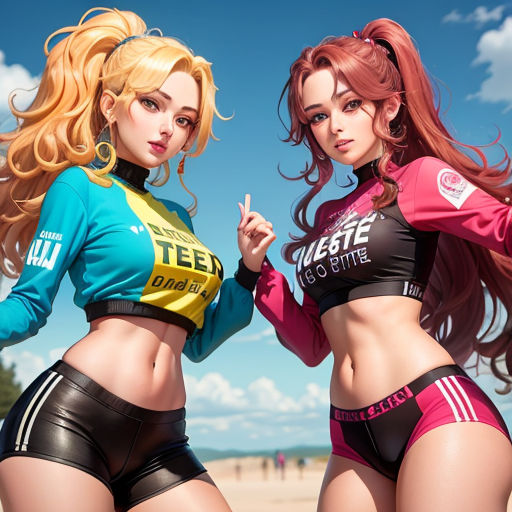 two women in bikinis standing next to each other on a beach with a sky background and clouds in the background