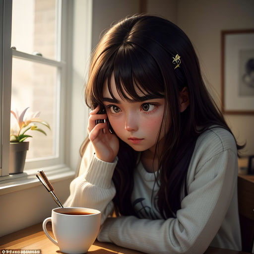 a girl sitting at a table with a cup of coffee and a cell phone in her hand, looking out the window