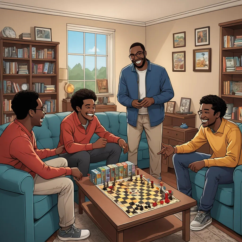 a group of men playing a game of chess in a living room with a blue couch and a coffee table, serial art, concept art, Altichiero, official art