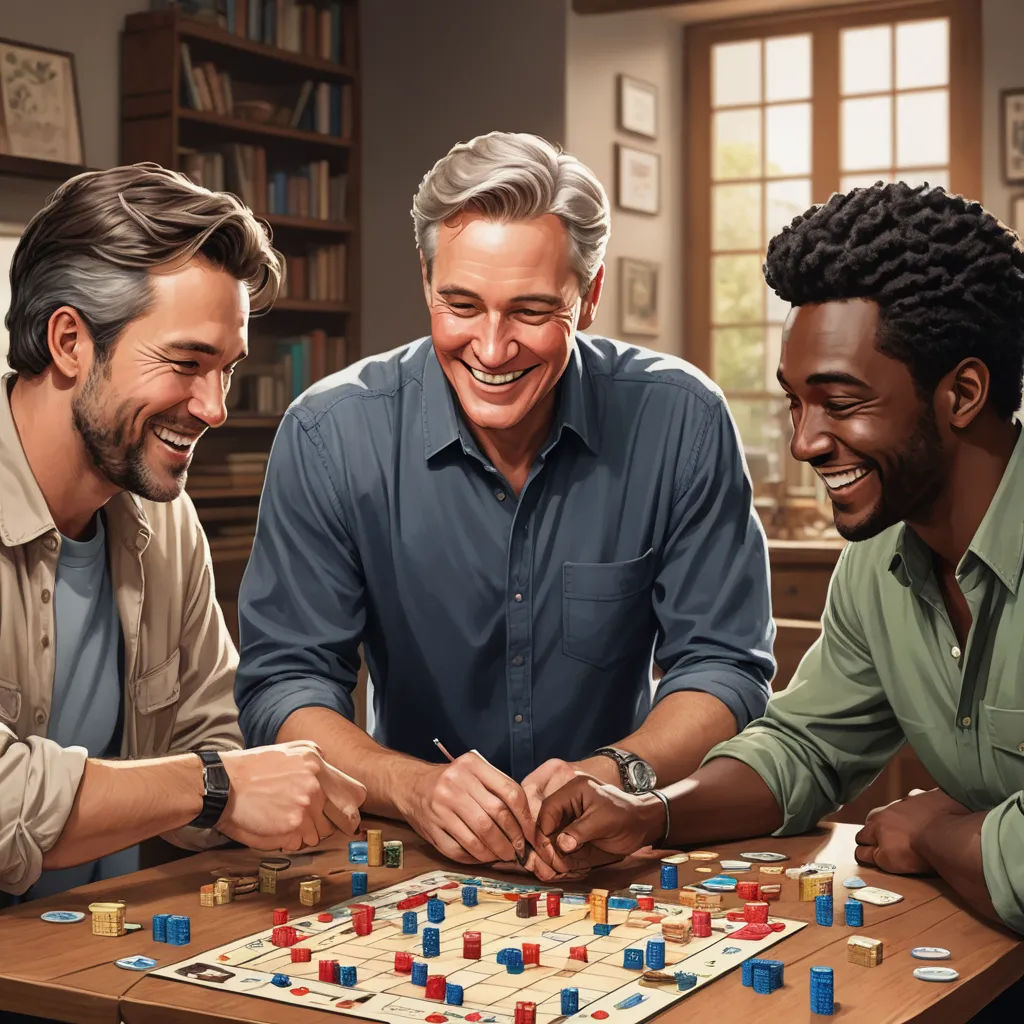 three men playing a board game together in a room with a bookcase and a window in the background, american scene painting, a stock photo, F Scott Hess, promotional image