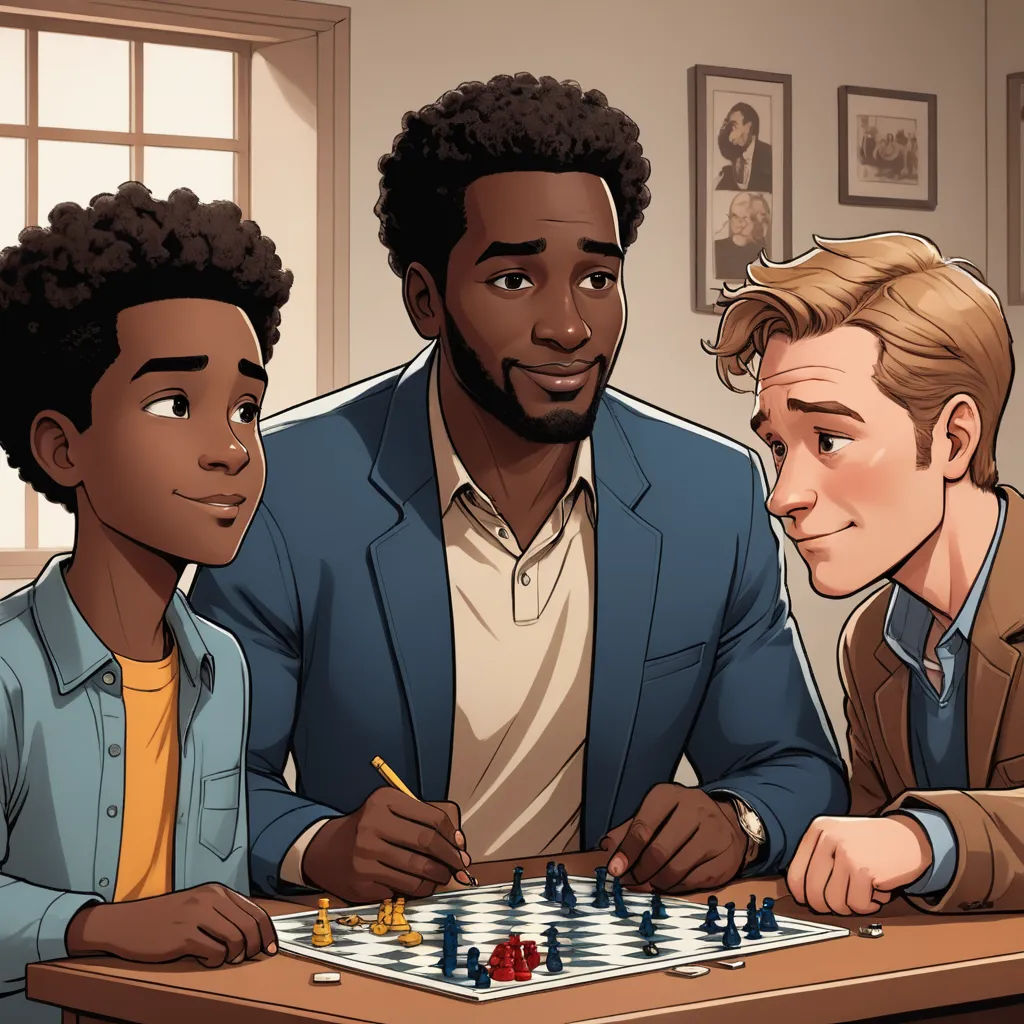 three men playing a game of chess in a room with a window and a table with a chess board, figurativism, a comic book panel, Adam Manyoki, official art