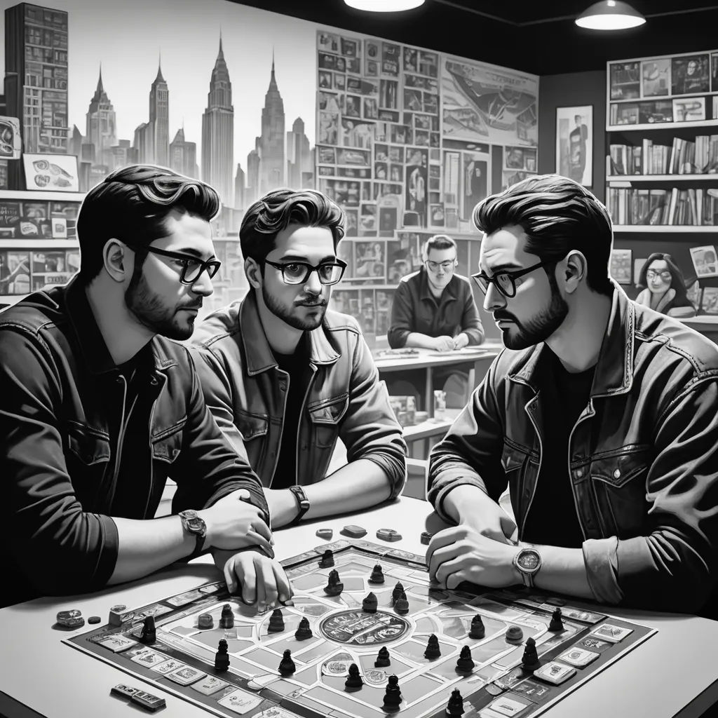 three men playing a game of chess in a library with a cityscape background painted on the wall, figurativism, a hyperrealistic painting, Artgerm, promotional image