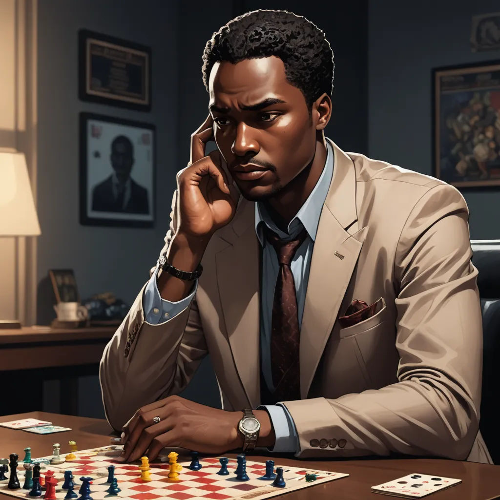 a man in a suit is sitting at a table with a chess board and phone to his ear and looking at the camera, sots art, a character portrait, Allan Brooks, character portrait