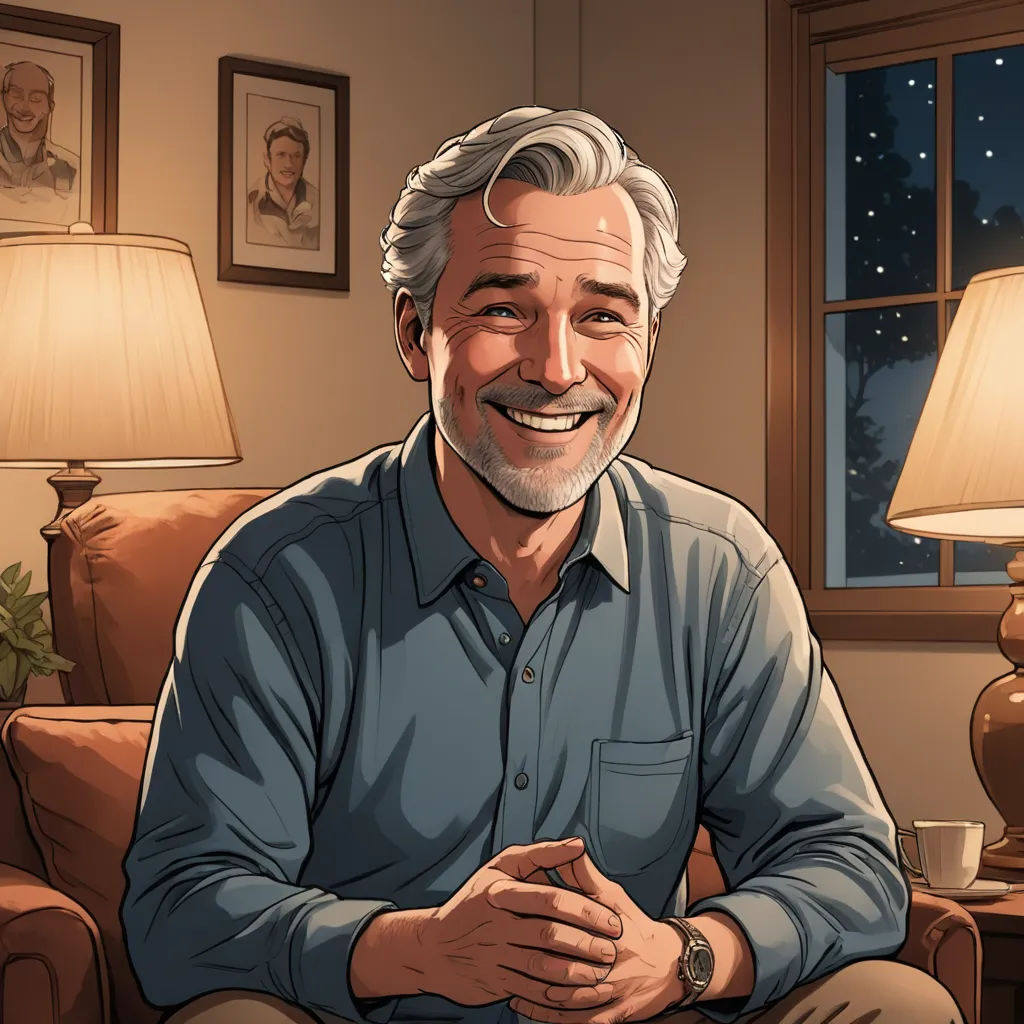 a man sitting in a chair with a lamp on the side of it and a picture of a man on the wall behind him, american scene painting, a comic book panel, Dan Scott, kinkade
