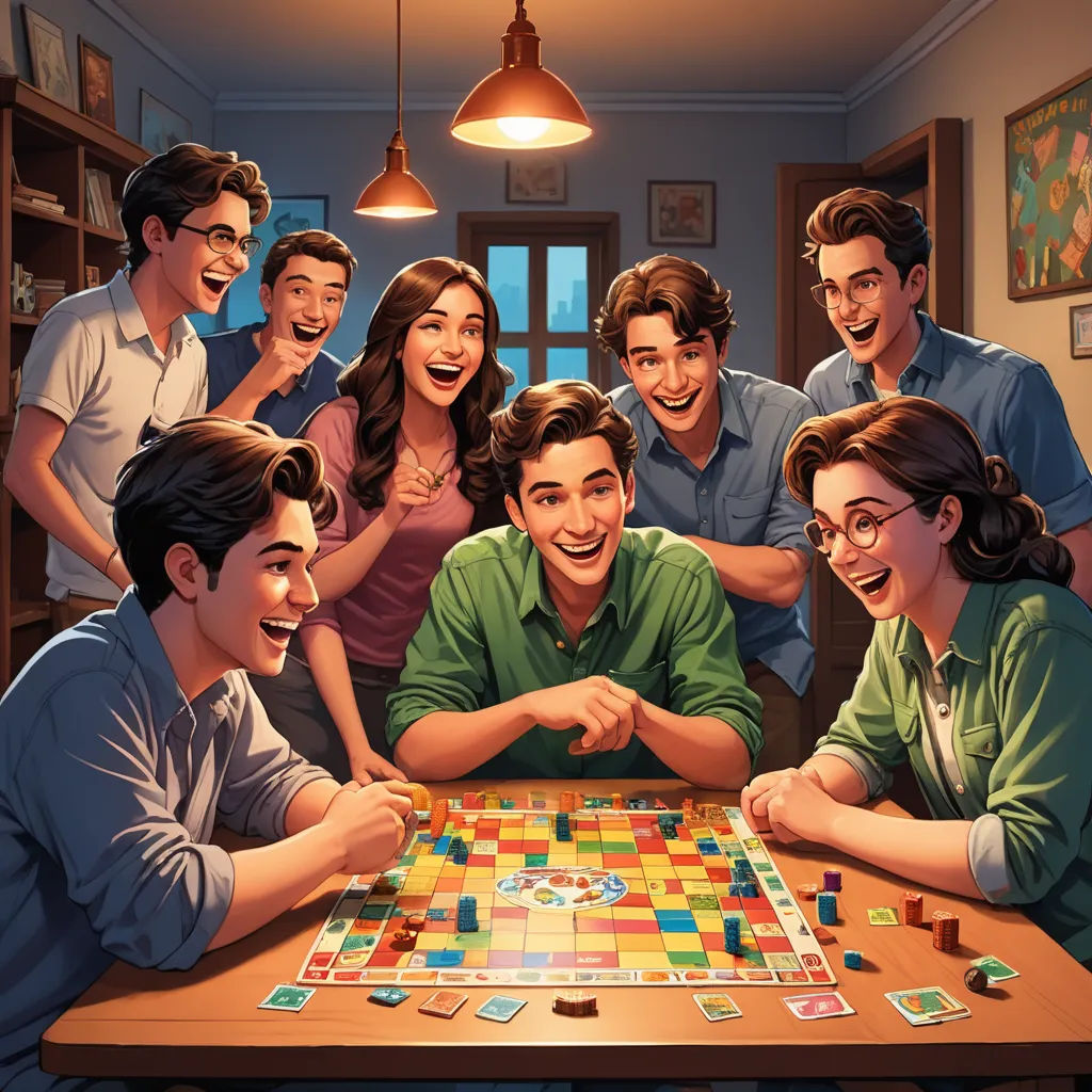 a group of people playing a game of monopoly on a table with a man smiling at the camera and a woman standing behind the man, sots art, a jigsaw puzzle, F Scott Hess, official art