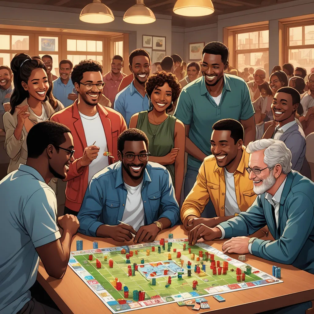 a group of people playing a game of monopoly on a table with a board game on it and a man standing in front of the board, sots art, a storybook illustration, F Scott Hess, key art