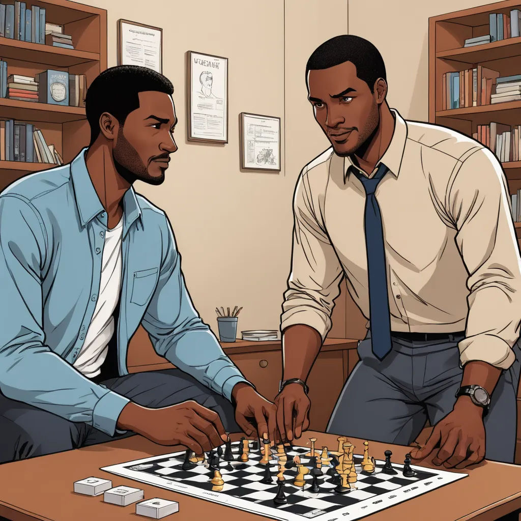 two men playing chess in an office setting with a bookcase in the background and a chess board on the table, academic art, concept art, Altichiero, graphic novel