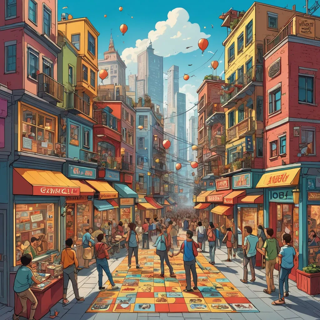 a painting of a city street with people walking around and shops on the sidewalk and buildings on the other side, maximalism, a jigsaw puzzle, Chris LaBrooy, josan gonzales and dan mumford