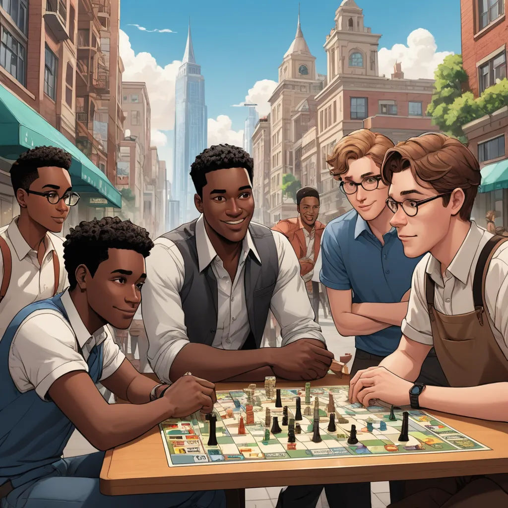 a group of men playing a game of chess in a city street with tall buildings in the background and a man in a vest, harlem renaissance, a jigsaw puzzle, Cedric Seaut (Keos Masons), key art