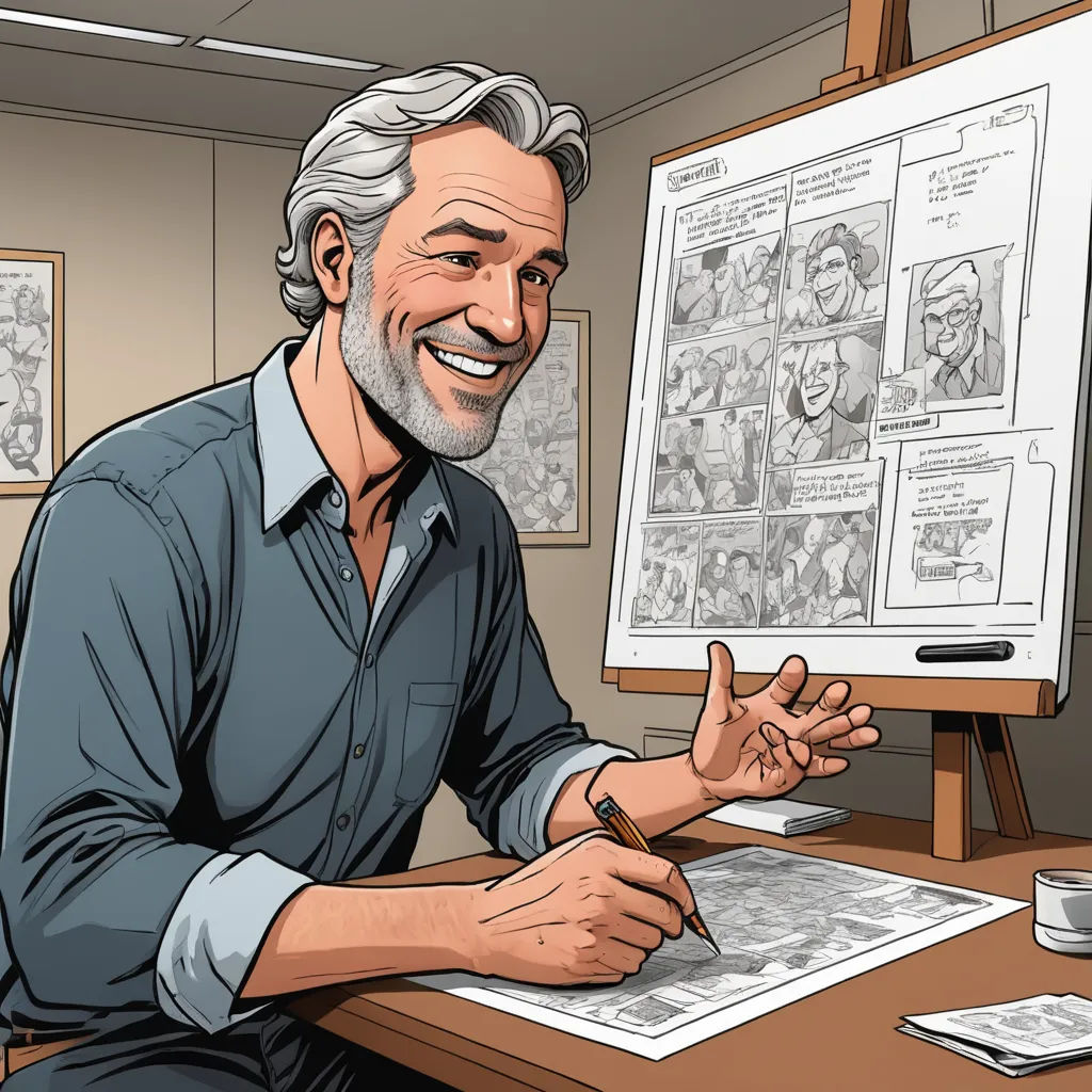 a man sitting at a desk with a white board in front of him and a pen in his hand, process art, a comic book panel, Alan Davis, michael kaluta