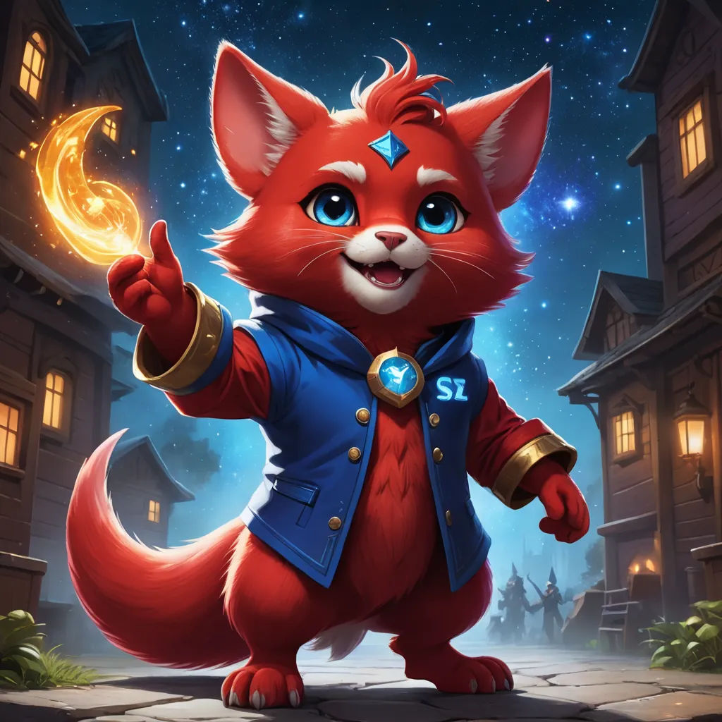 a red fox with a blue jacket and a crescent on its chest and a crescent in its hand, standing in front of a night sky with stars and a moon, sots art, a character portrait, Fan Qi, splash art