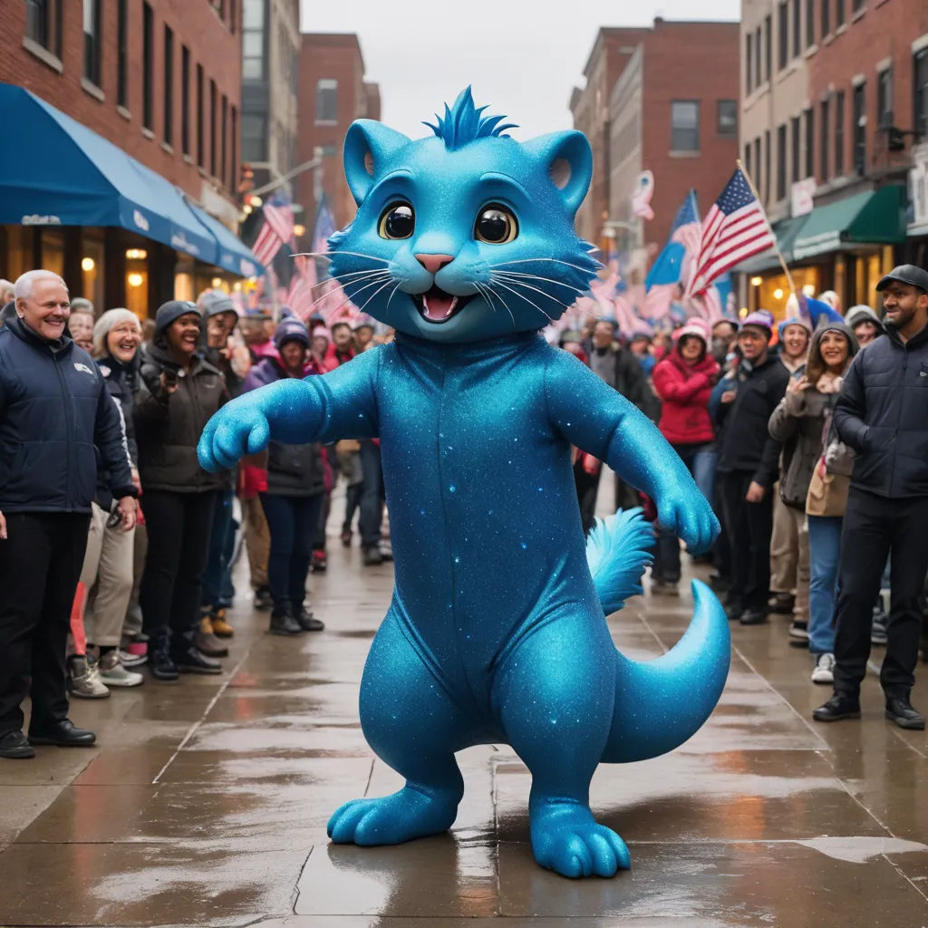 a blue cat mascot standing in the middle of a street with people watching it on a rainy day in the city, furry art, a character portrait, Carlos Catasse, promotional image