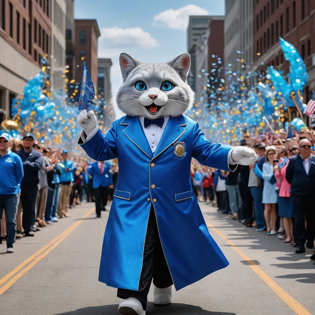 a man in a blue suit and a cat costume walking down a street with a crowd of people behind him, furry art, a digital rendering, Bourgeois, promotional image
