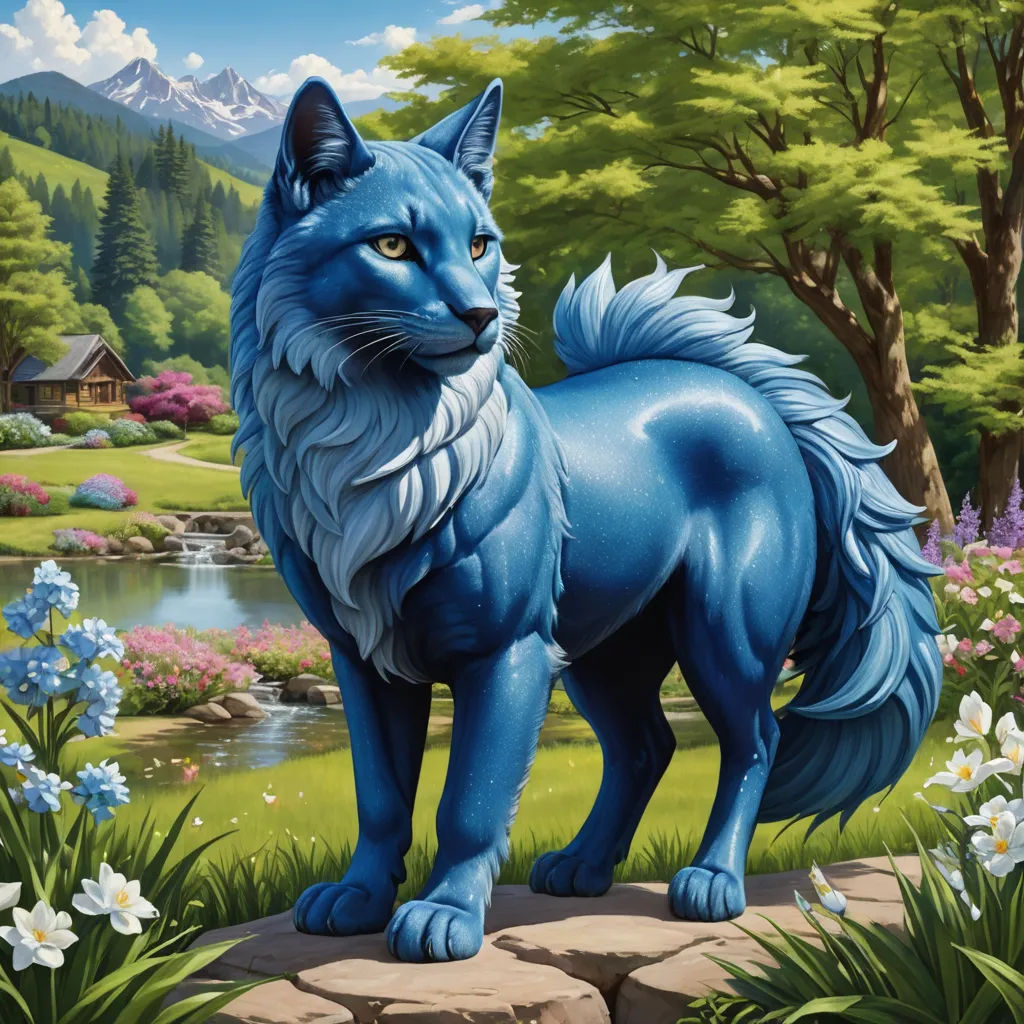 a blue fox standing on a rock in a forest with flowers and trees around it, with a pond and a cabin in the background, furry art, an airbrush painting, An Gyeon, blue