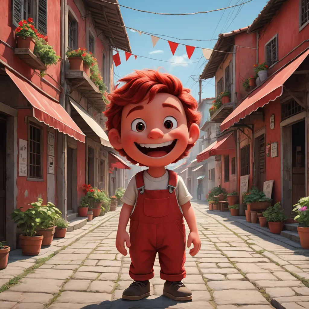 a cartoon character standing in a street with a red hair and overalls on and a bunting of flowers, mannerism, a character portrait, Chris LaBrooy, promotional image
