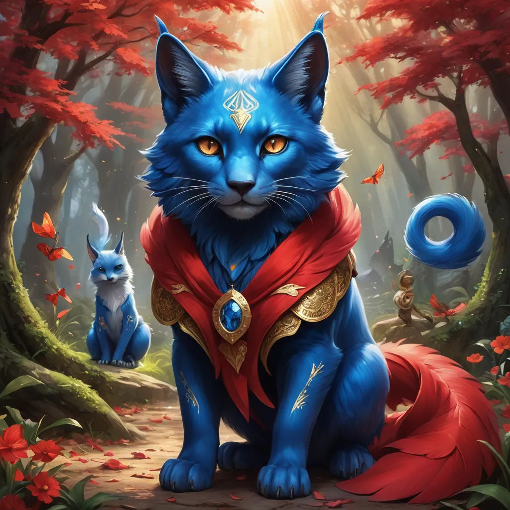 a blue cat with a red cape sitting in the woods with a cat in front of it and a cat behind it, furry art, concept art, Alejandro Burdisio, magic the gathering artwork