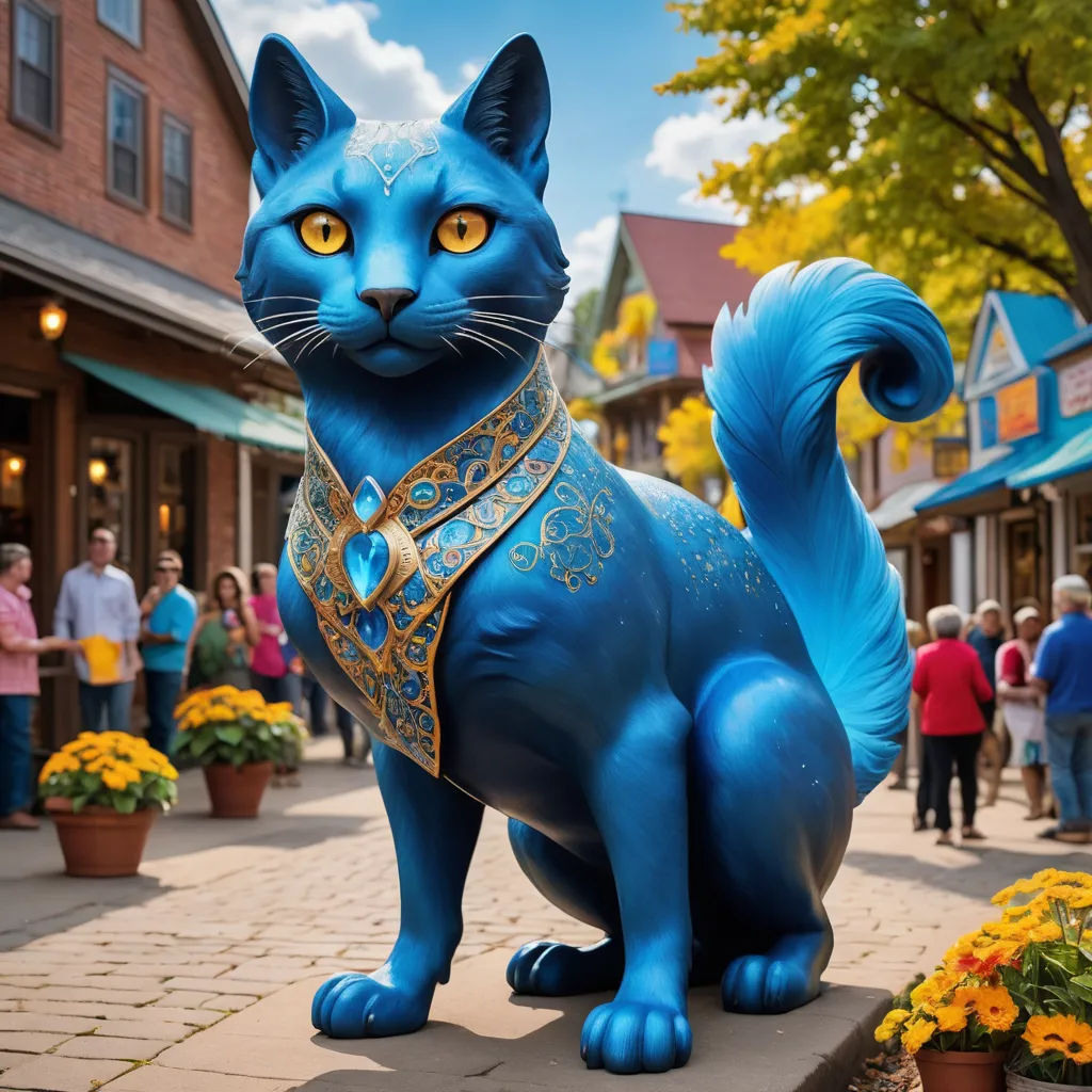 a blue cat statue on a sidewalk in front of a store front with people walking by and a crowd of people walking by, cloisonnism, a statue, Bourgeois, tone mapping