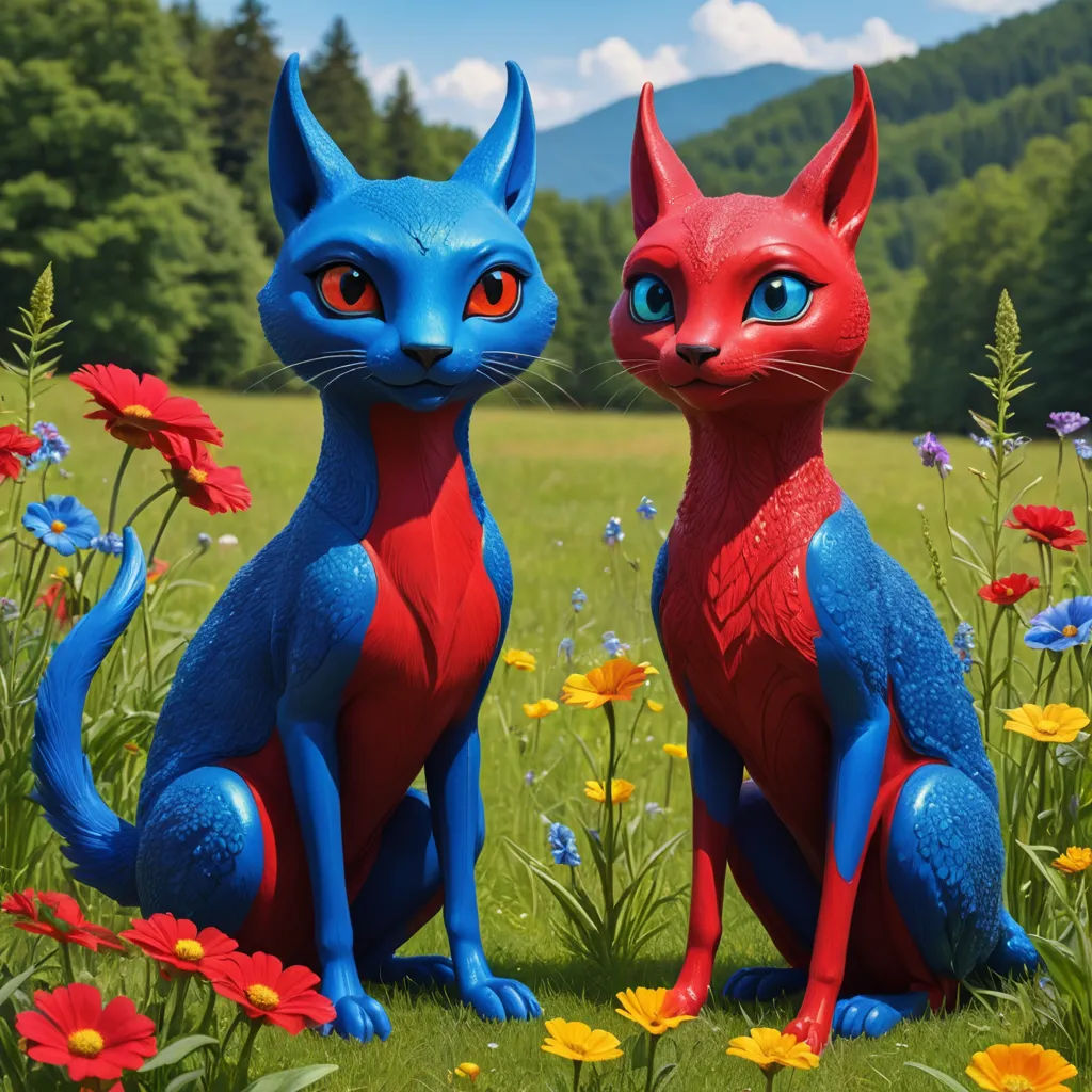 two red and blue cats sitting in a field of flowers and daisies with mountains in the background and blue sky, new sculpture, a 3D render, Florianne Becker, physically based rendering