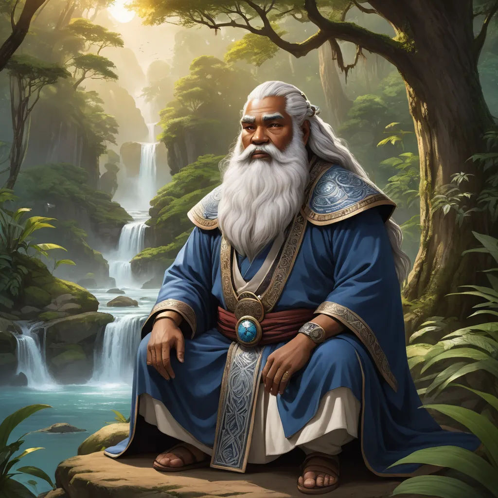 a painting of a man with a beard and a beard sitting on a rock in front of a waterfall, fantasy art, a character portrait, Emperor Huizong of Song, epic fantasy character art