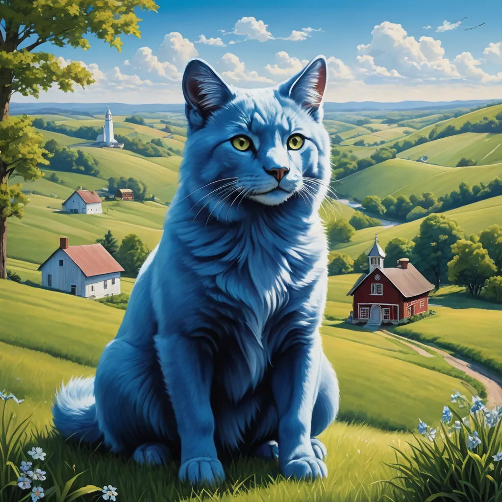 a painting of a cat sitting in a field with a house in the background and a blue sky with clouds, furry art, a hyperrealistic painting, Chris LaBrooy, blue