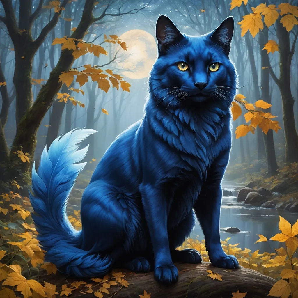 a painting of a cat sitting on a log in a forest with a full moon in the background and leaves on the ground, furry art, a character portrait, Carlos Catasse, blue