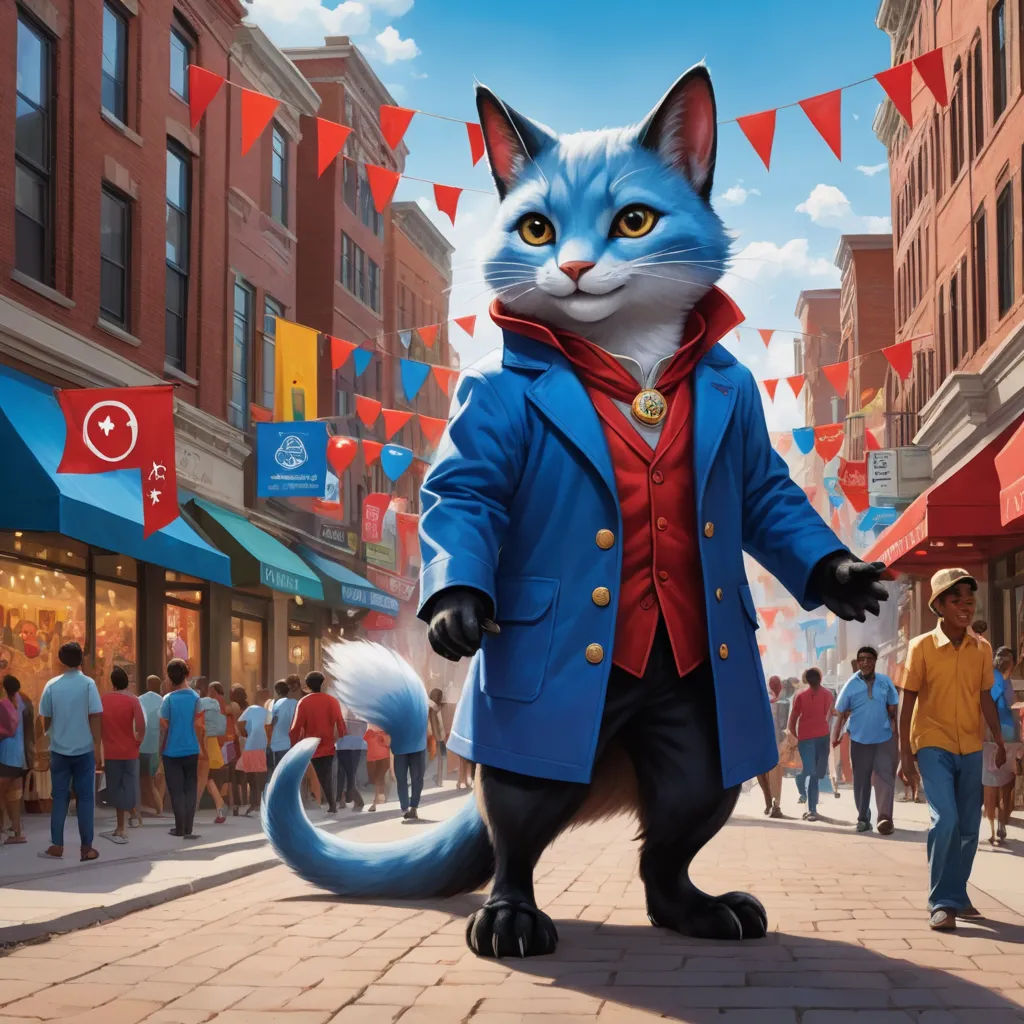 a cat dressed in a blue coat and red shirt standing on a street with people walking by and flags flying in the background, furry art, concept art, Chris LaBrooy, official art