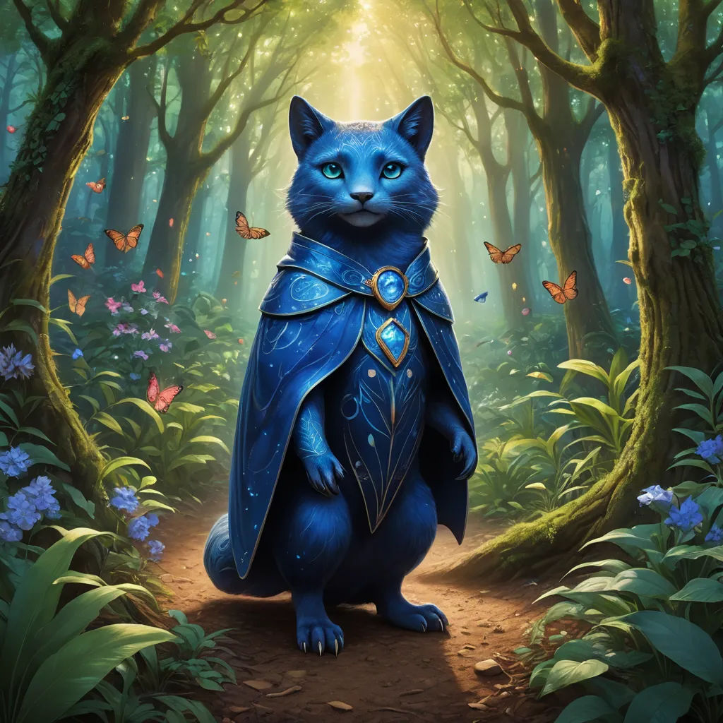 a cat dressed as a blue knight in a forest with butterflies on its back and a light shining through the trees, fantasy art, a character portrait, Chris LaBrooy, magic the gathering artwork