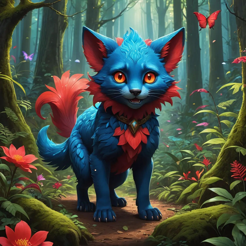 a blue cat with red eyes standing in a forest with flowers and butterflies on it's chest and a butterfly on its chest, furry art, a character portrait, Chris LaBrooy, affinity photo