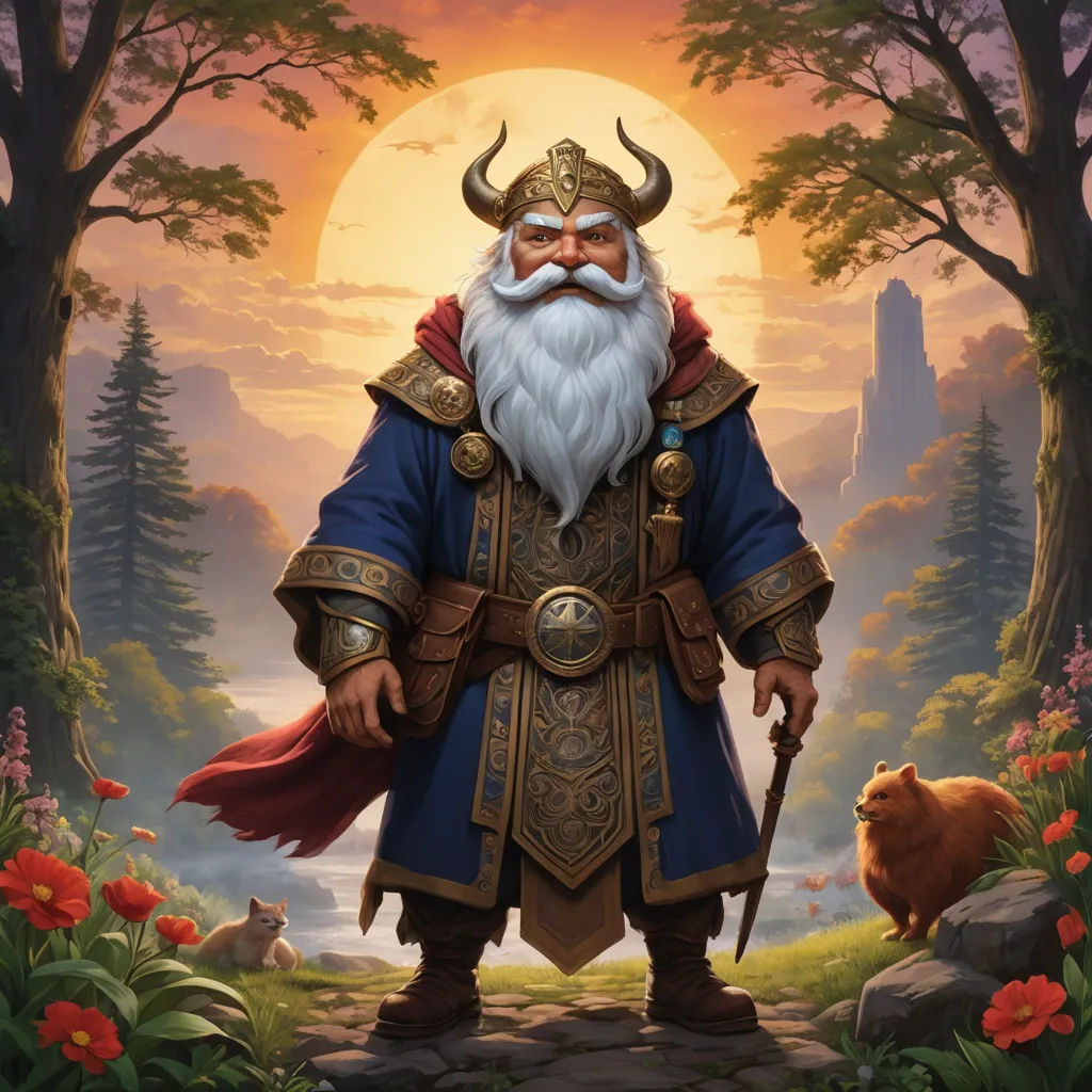 a painting of a man with a beard and a beard wearing a blue outfit and holding a sword in a forest, fantasy art, a character portrait, Alex Horley, epic fantasy character art