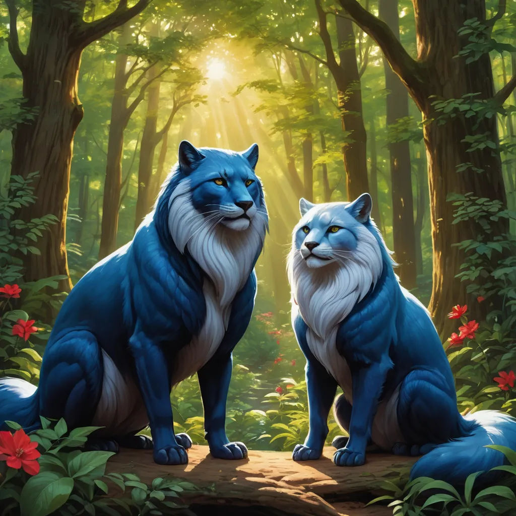 two blue cats sitting on a log in a forest with red flowers and trees in the background, with sunlight shining through the trees, furry art, a painting, Brothers Hildebrandt, magic the gathering artwork