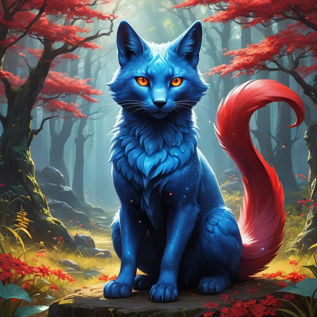 a blue cat sitting in a forest with red flowers and trees in the background, with a bright yellow eye, fantasy art, a character portrait, Chris LaBrooy, magic the gathering artwork