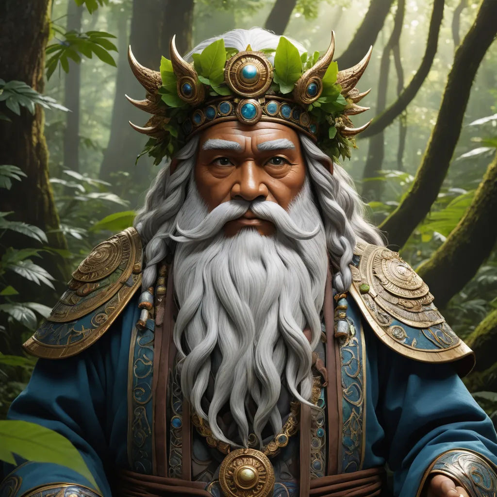 a man with a beard and a crown on his head in the woods with trees and leaves around him, fantasy art, a character portrait, Emperor Huizong of Song, epic fantasy character art