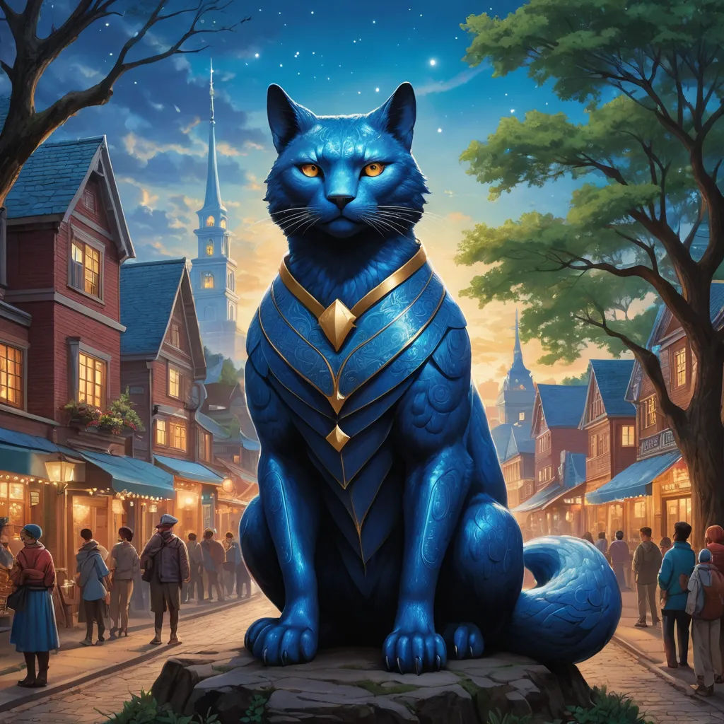 a blue cat sitting on top of a rock in front of a building with a clock tower in the background, fantasy art, a character portrait, Chris LaBrooy, official art
