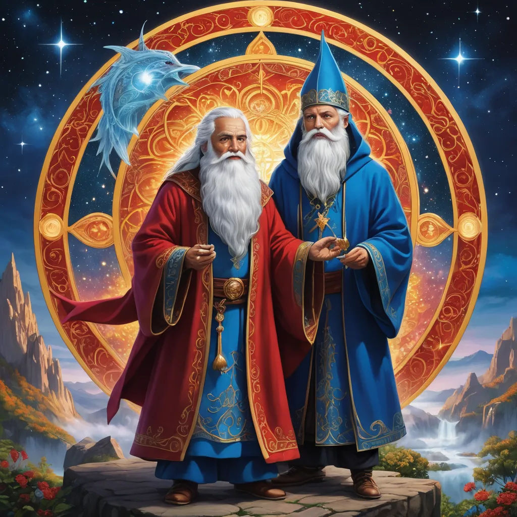 two wizard like men standing next to each other in front of a golden circle with stars and a blue bird, fantasy art, a detailed painting, Brothers Hildebrandt, highly detailed digital painting