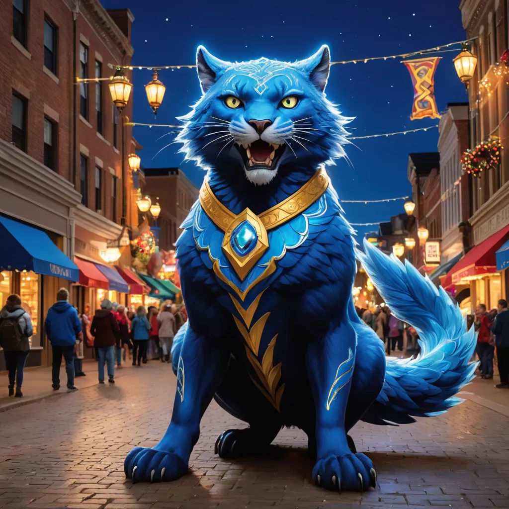 a blue cat statue on a city street at night with people walking around it and a string of lights, furry art, concept art, Chris LaBrooy, promotional image