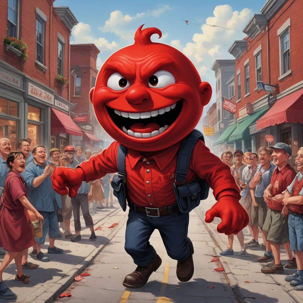 a cartoon character is walking down a crowded street with people in the background and a crowd of people standing on the sidewalk, american scene painting, a character portrait, Chris LaBrooy, character design