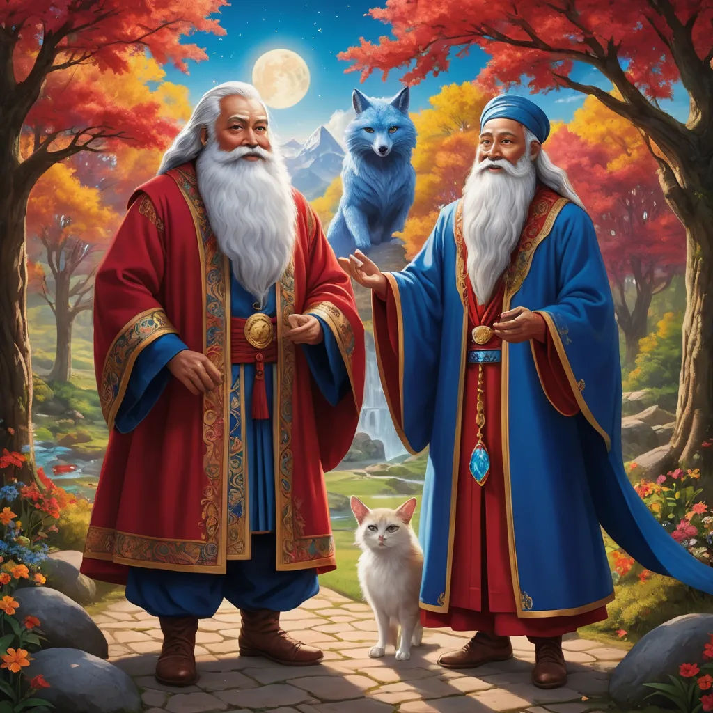 two men in red and blue robes standing next to a white cat in a forest with a wolf on his shoulder, fantasy art, a storybook illustration, Brothers Hildebrandt, official art