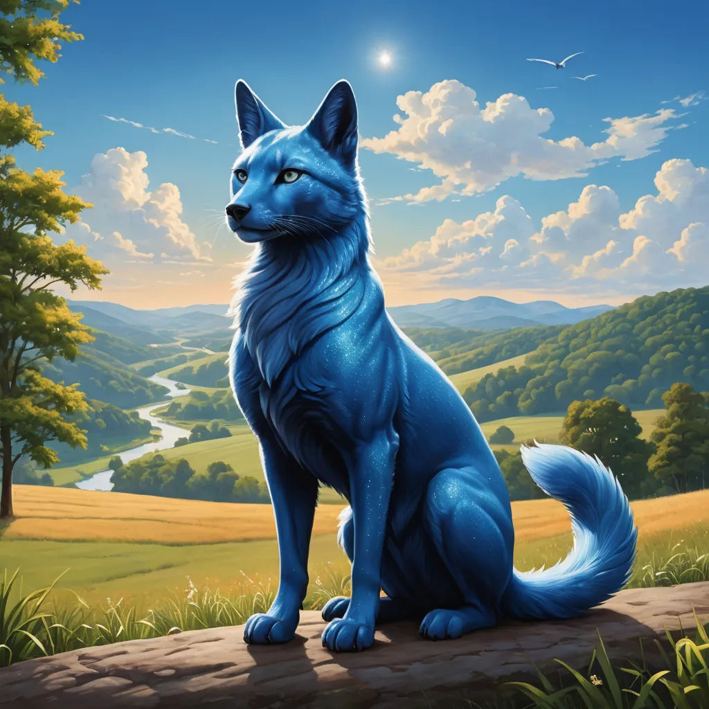 a blue dog sitting on a log in a field with a sky background and a river running through it, furry art, an airbrush painting, An Gyeon, blue