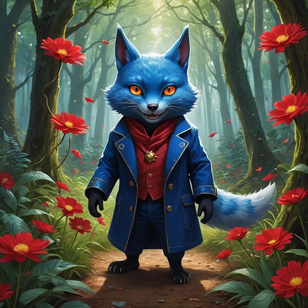 a painting of a blue fox in a red suit and red tie standing in a forest with red flowers, furry art, a character portrait, Alejandro Burdisio, official art