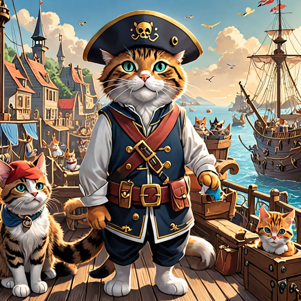 a cat is standing on a dock with a pirate costume on and two cats are sitting on the deck, furry art, a character portrait, Alex Horley, game art