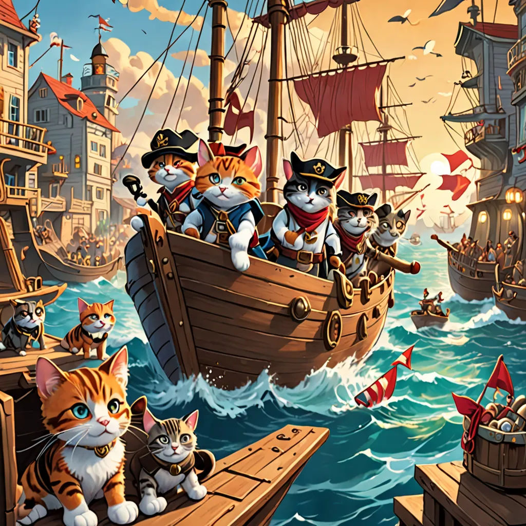 a painting of a cat and other animals on a boat in the ocean with a pirate ship in the background, fantasy art, a detailed painting, Chris LaBrooy, highly detailed digital painting