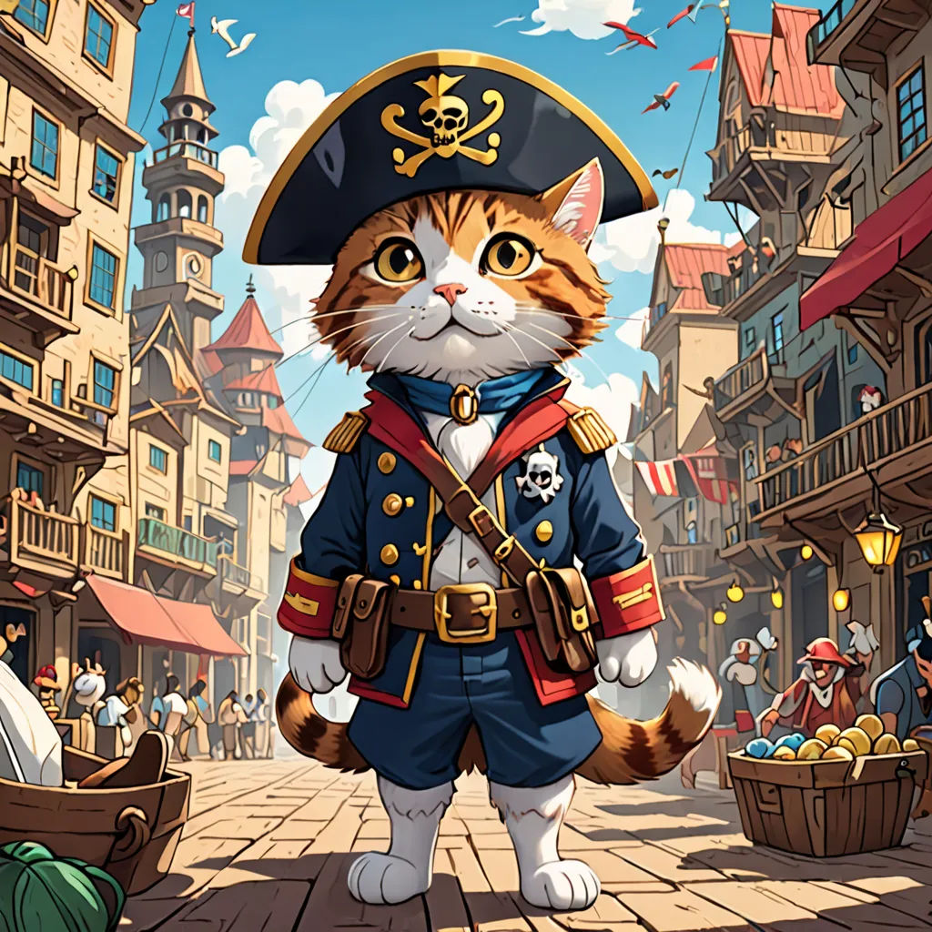 a cat in a pirate outfit standing on a street with a pirate hat on it's head and a pirate's chest, fantasy art, a character portrait, Chris LaBrooy, official art