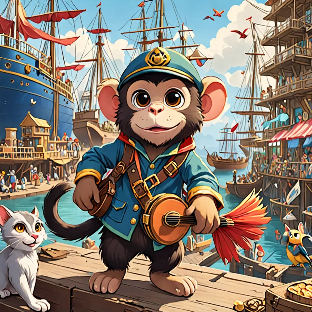 a monkey in a pirate outfit standing on a dock next to a cat and a ship in the background, fantasy art, a character portrait, Chris LaBrooy, key art