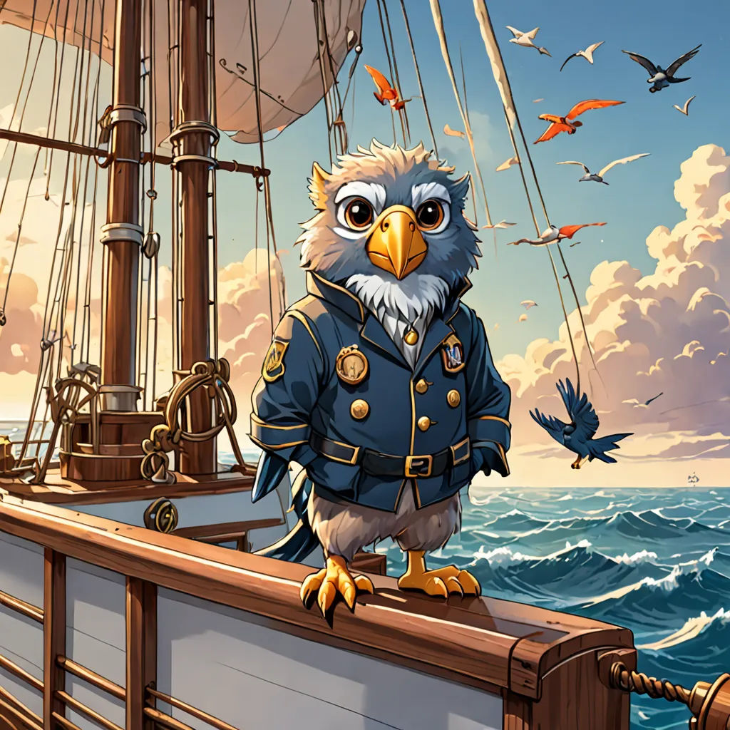 a cartoon of an owl on a ship with birds flying around it and a pirate ship in the background, fantasy art, a character portrait, Chris LaBrooy, high detail illustration