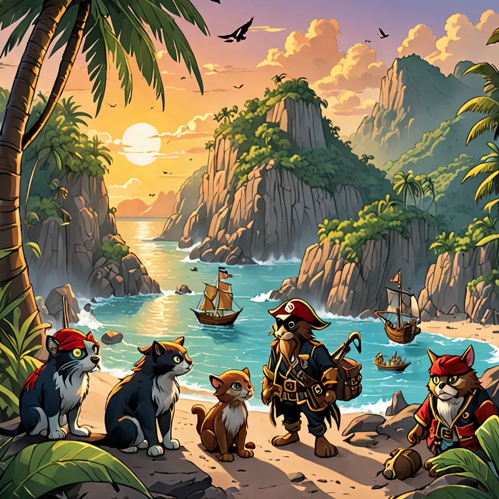a painting of a pirate and his animals on a beach with a ship in the background and a pirate ship in the foreground, furry art, concept art, Cliff Childs, key art
