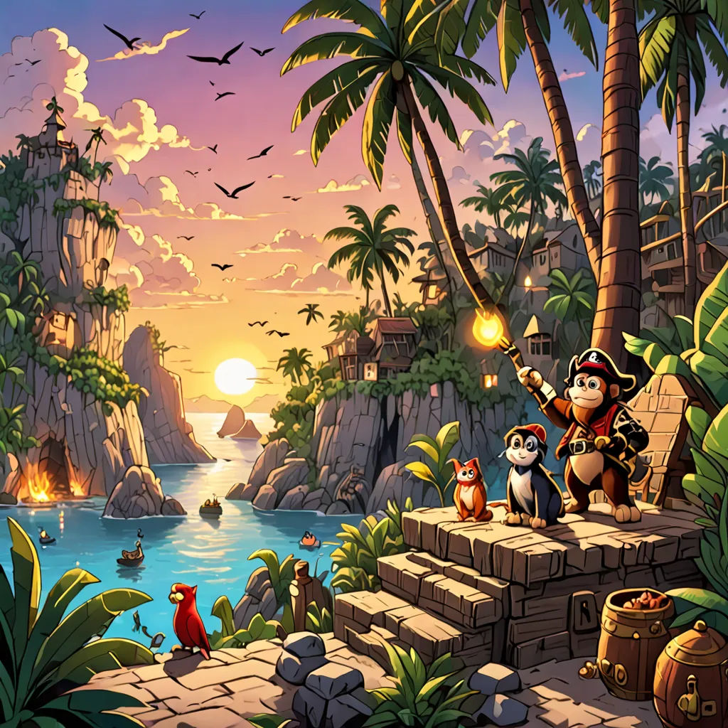 a painting of a pirate and his animals on a cliff overlooking a tropical island with a sunset in the background, fantasy art, a detailed matte painting, Cliff Childs, 2 d game art