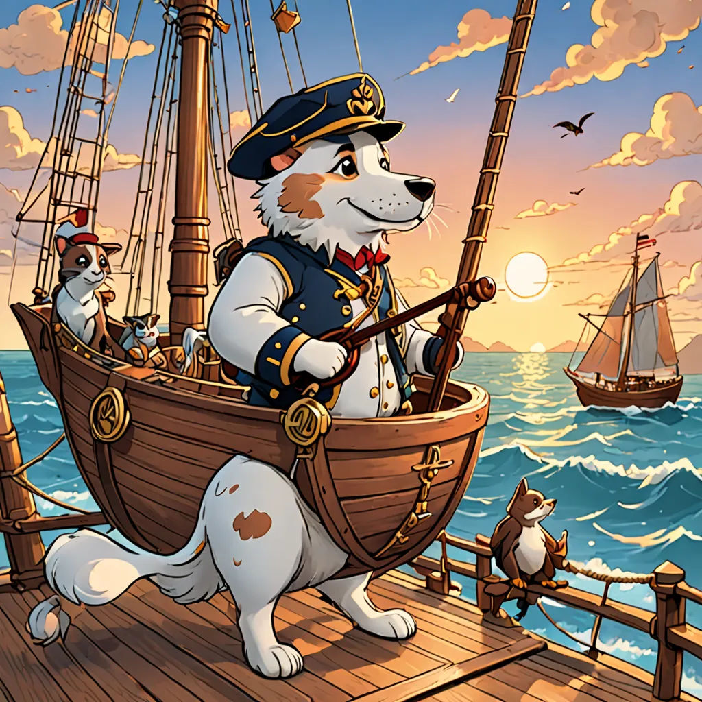 a dog is on a boat with a fishing pole and a dog is on the deck of a ship, furry art, a storybook illustration, Caspar Wolf, official art